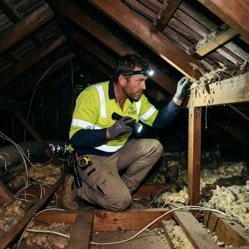 Technician inspecting a roof cavity for a dead animal in Doveton