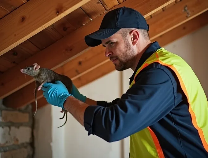 Technician inspecting a roof cavity for a dead rat in Doveton